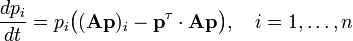 \frac{d p_i}{dt}=p_i\bigl(({\mathbf{Ap}})_i-{\mathbf{p}}^\tau\cdot {\mathbf{Ap}}\bigr),\quad i=1,\ldots,n